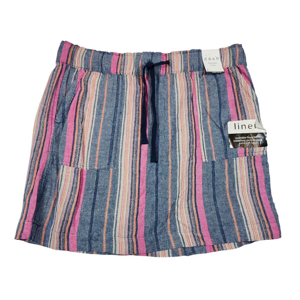 Dash Women Large Linen Blend Striped Paperbag Waist Mini Skirt Blue Pink Orange